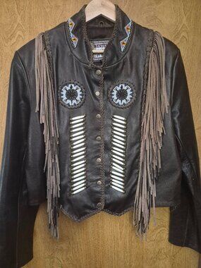 Western World by Shaf Large Brown Leather Fringe Boho Naive Moto Snap Lined Coat